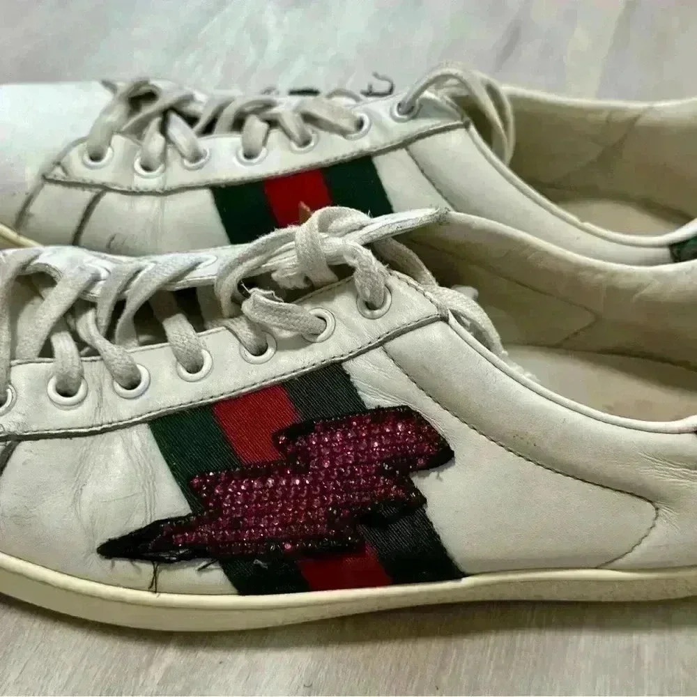 Gucci White Leather Ace Sneakers Lightning Bolt Star Red Green Mens Size 8G - Picture 5 of 14